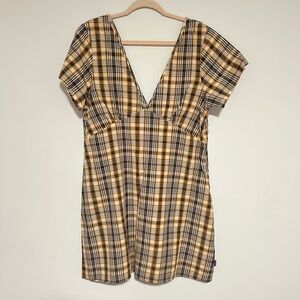 Afends Checkered V-Neck Dress in Orange and Brown